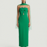 GREEN STRAPLESS EVENING DRESS